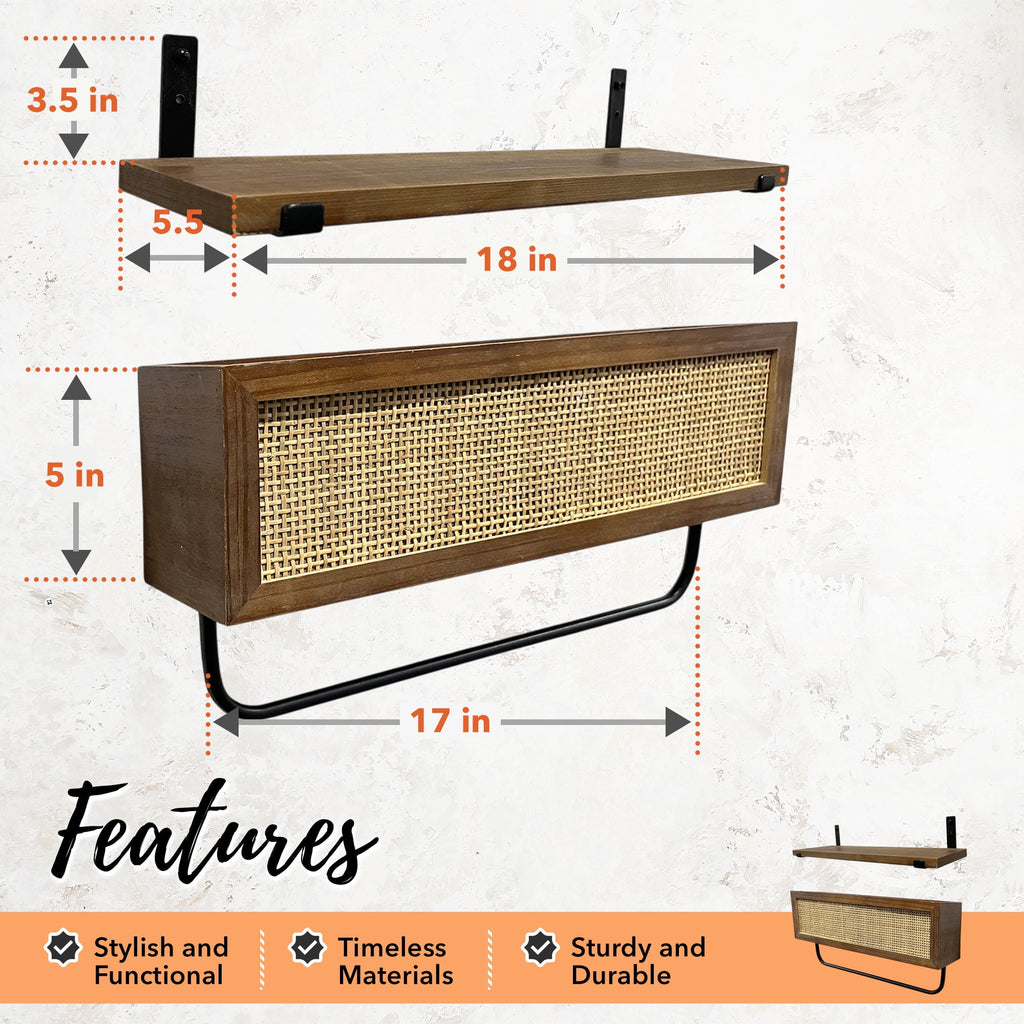 Autumn Alley Farmhouse Floating Shelves for Bathroom – Above Toilet Shelves with Rattan Basket Caning Organizer, Wood Floating Shelf Bathroom Storage, Wall Shelves Bathroom Décor, 3 Tier