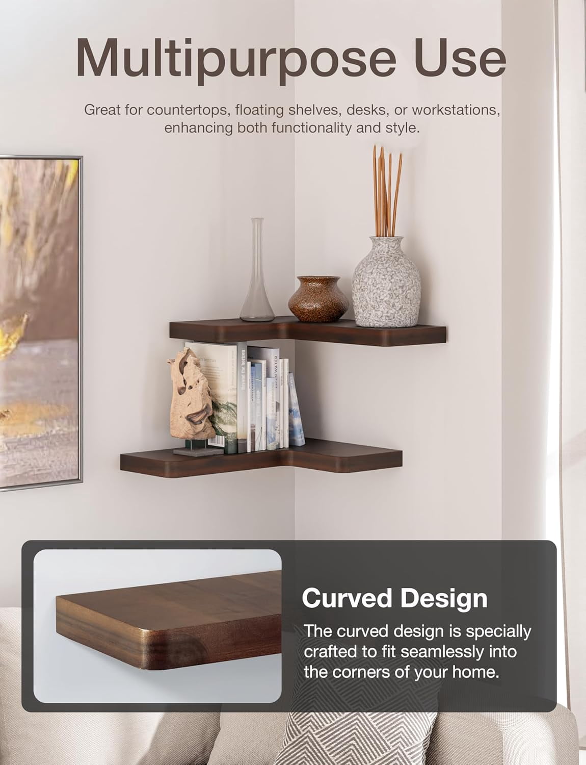 TIDITA Acacia Wood Corner Floating Shelf 17” x 12”- Corner Shelf Wall Mounted - Floating Book Shelves for Wall - Corner Shelf for Home, Kitchen - with Brackets and Hardware (Walnut Color, 17" x 12")
