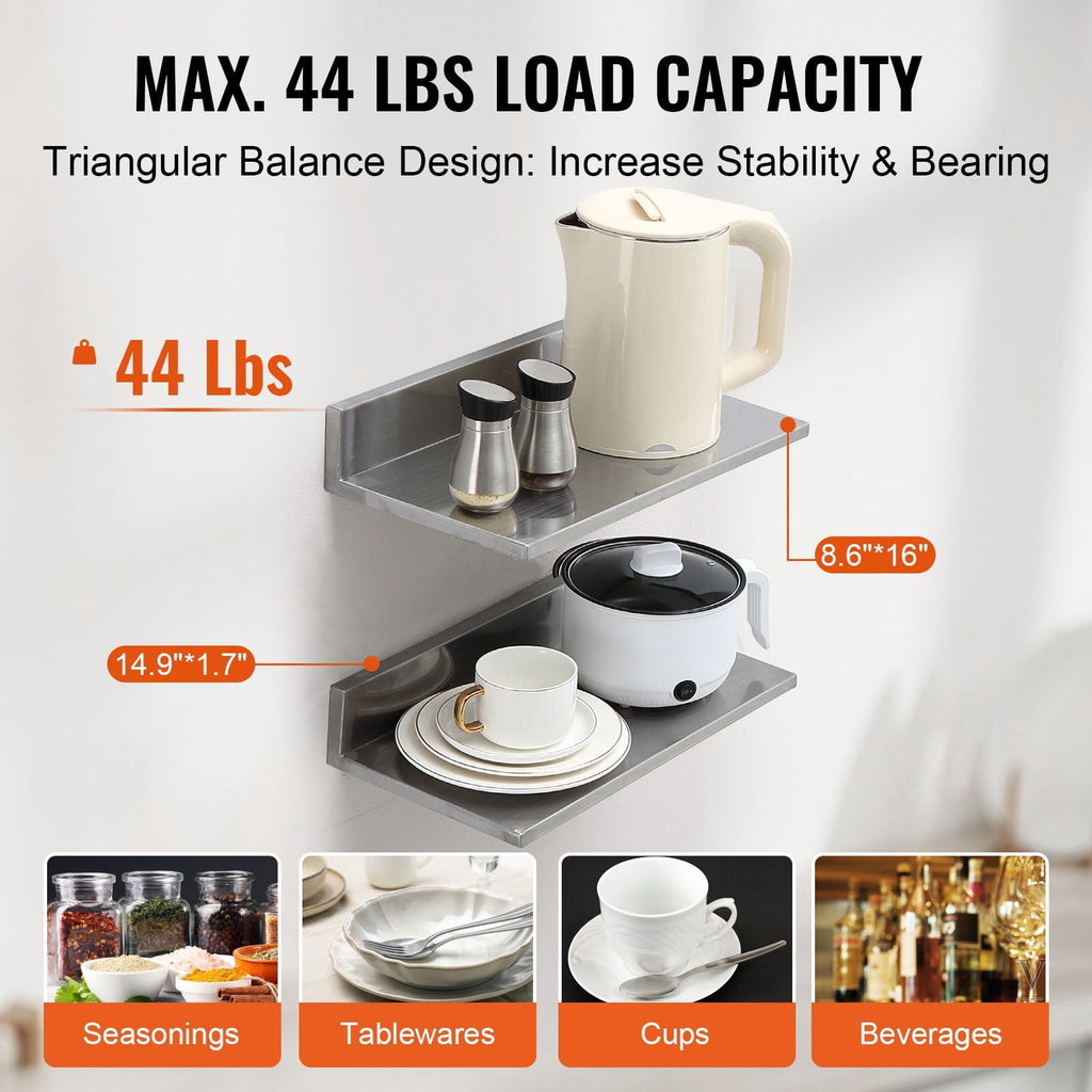 Wall-Mounted Stainless Steel Floating Shelf, 430 Stainless Steel, 44 lbs Capacity, L-Shape Design, for Kitchen Bedroom Garage