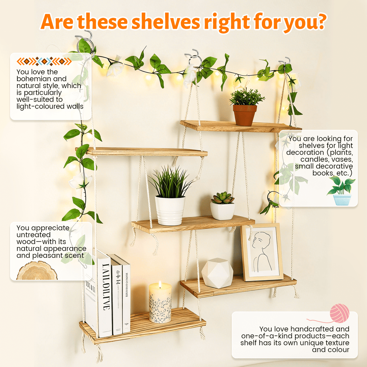 AMTPM Hanging Shelves for Wall, 5 Tier Boho Wall Decor Hanging Plant Shelf Floating Shelves Rope Rustic Wood Organizer Storage Hanger Rack for Aesthetic Home Bedroom Kitchen Bathroom