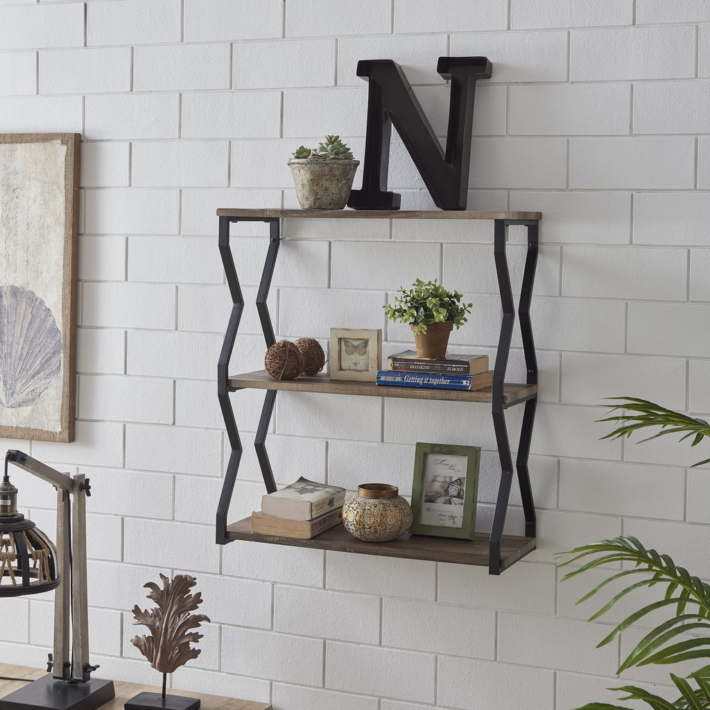 Danya B. Rustic Brown Industrial Zigzag Black Iron Floating 3-Tier Wall Shelf