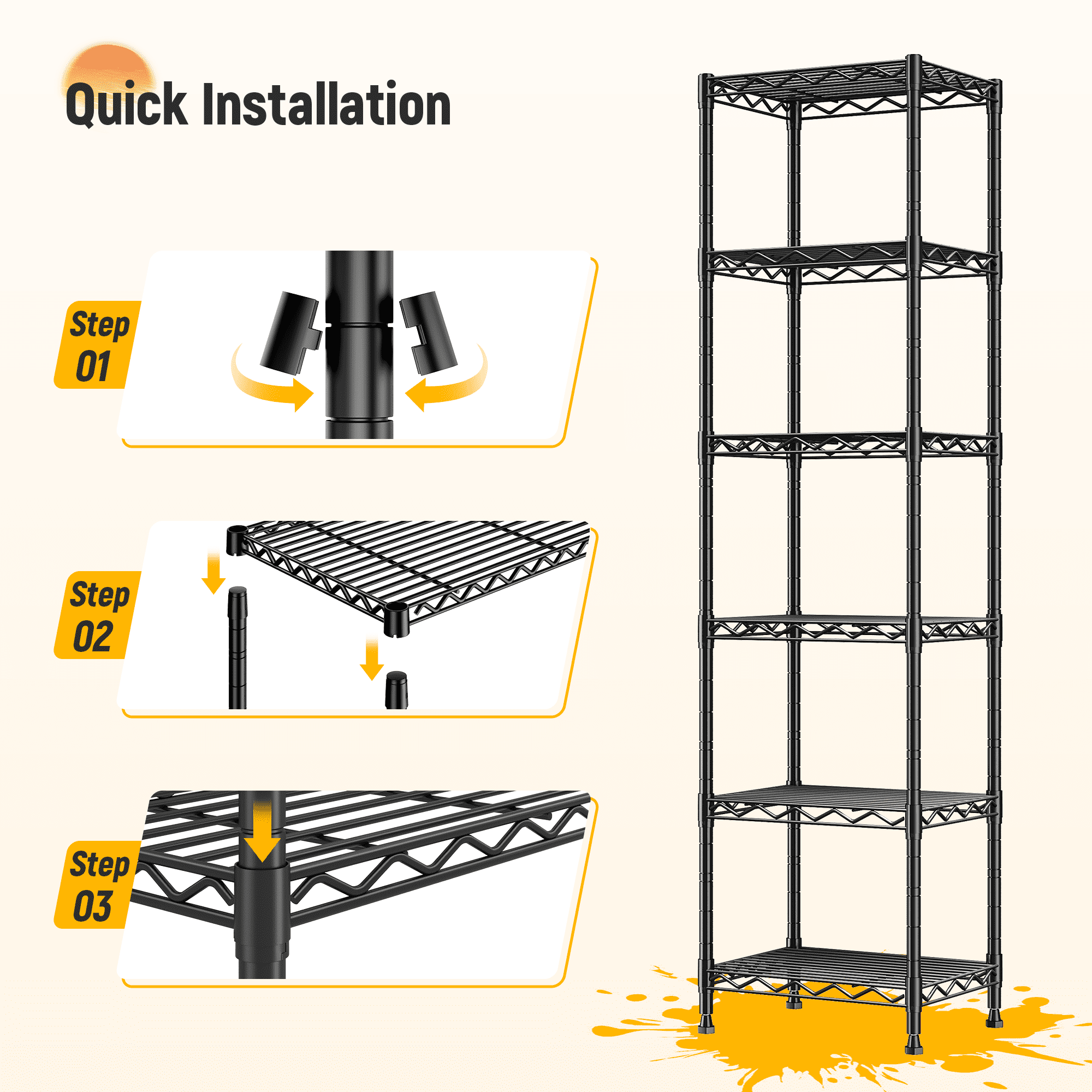 melmine Slim Vertical Storage Shelf,6-Tier Narrow Storage Rack for Bathroom Small Spaces,Adjustable Metal Shelving Unit,15.8"W x 11.8"D x 63"H,Black