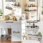 16" Wall-Mounted Floating Shelves W/Rack & Towel Bar, Home Decor 2-Tier White Wood Storage Shelf for Livingroom Kitchen Bedroom, Bathroom Shelves Over The Toilet