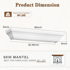Curoee Fireplace Mantel 60 inch, White Floating Shelf for Wall with Hidden Bracket,White