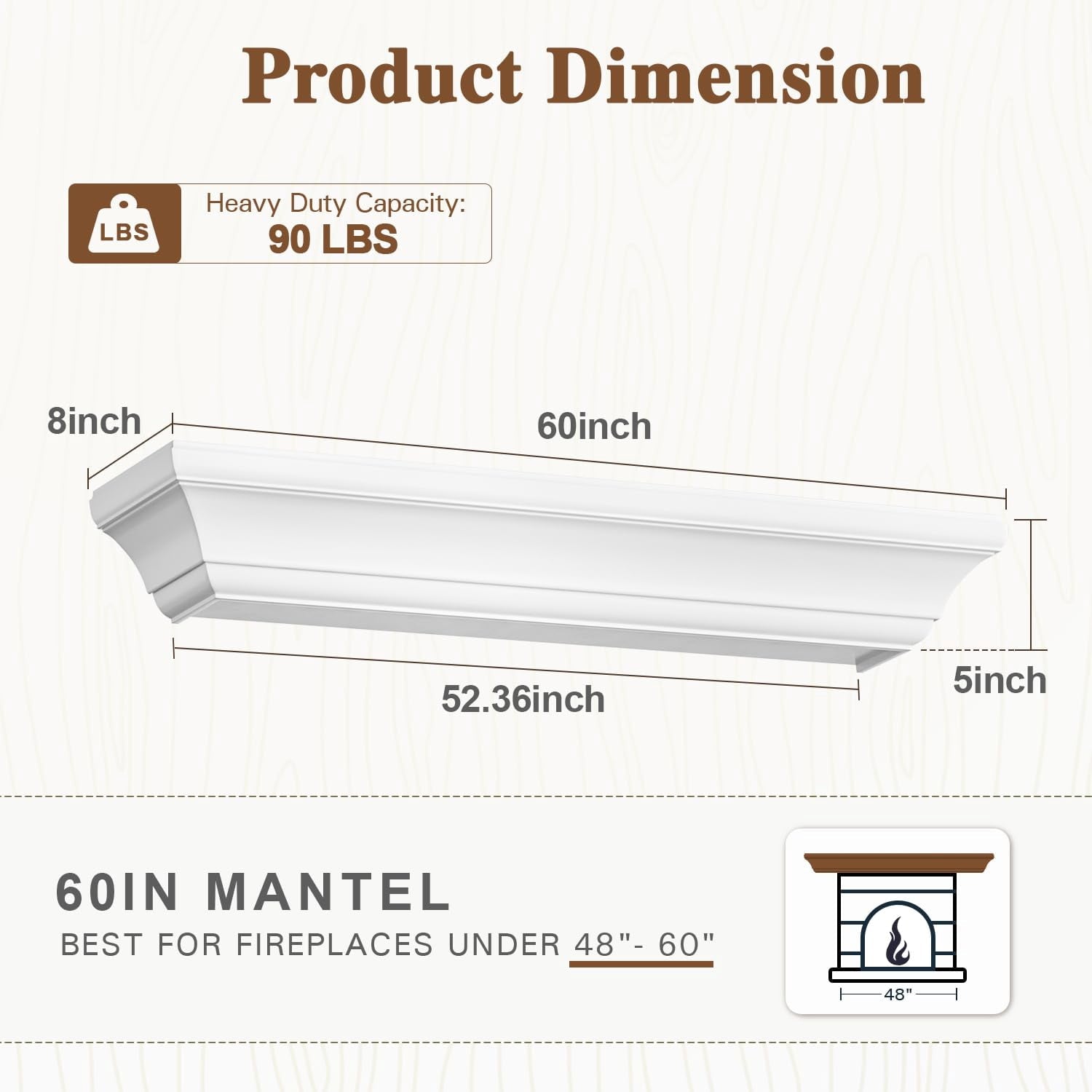 Curoee Fireplace Mantel 60 inch, White Floating Shelf for Wall with Hidden Bracket,White