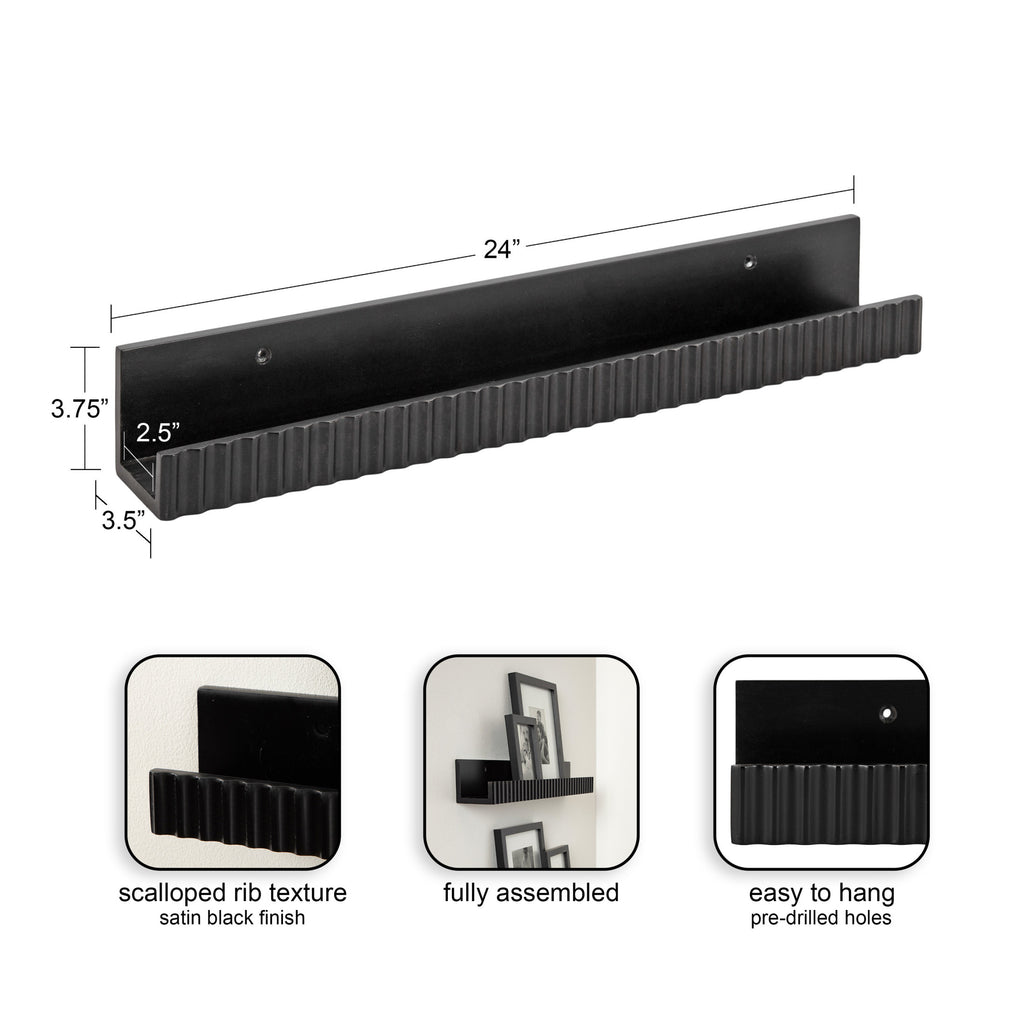 Kate and Laurel Furrow Modern Wood Photo Display Ledges, Set of 2, 24 Inches, Black, Scalloped Floating Picture Ledge Shelf Set with Lip for Use as Dorm Book Shelves or Gallery Wall Decor