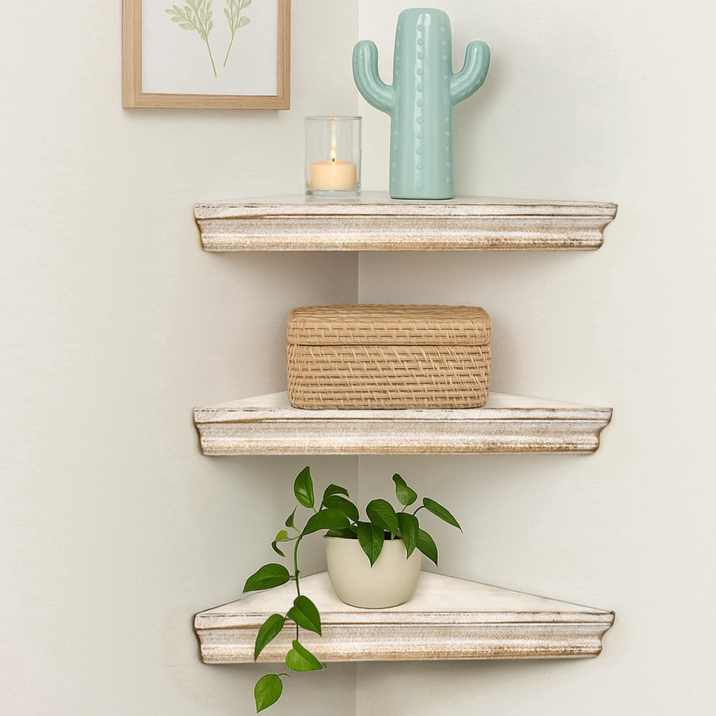 3-Piece Rustic Farmhouse Whitewashed Floating Corner Wall Shelves for Storage and Display - Set of 3, White