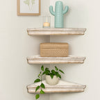 3-Piece Rustic Farmhouse Whitewashed Floating Corner Wall Shelves for Storage and Display - Set of 3, White