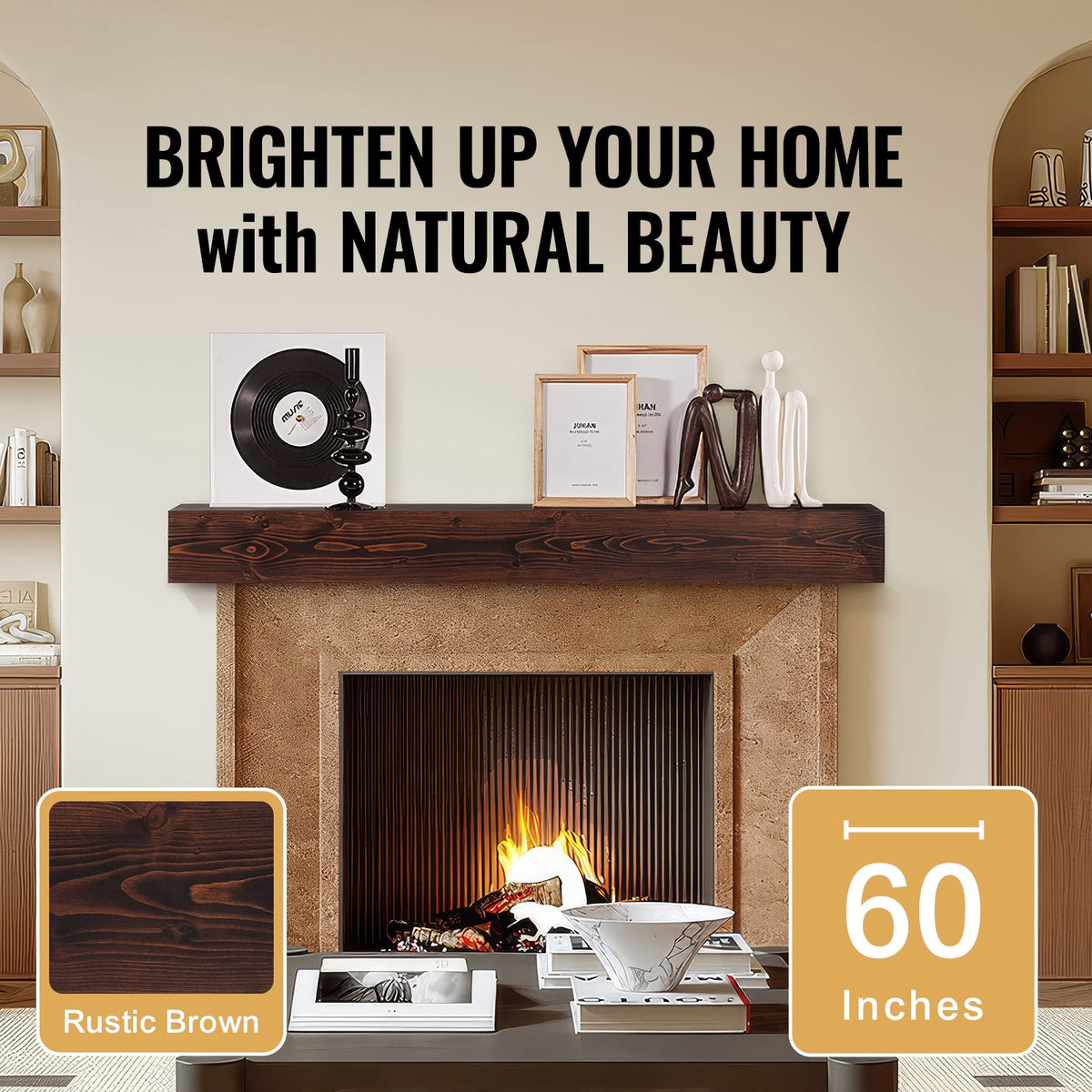 KFFKFF Wooden Fireplace Mantel, 60" x 8" x 6", 50 lbs Load Capacity, Natural Wood Shelf for Fireplace or Wall, Wall-Mounted Floating Farmhouse Design, Handcrafted Rustic Brown Mantel for Home Decor