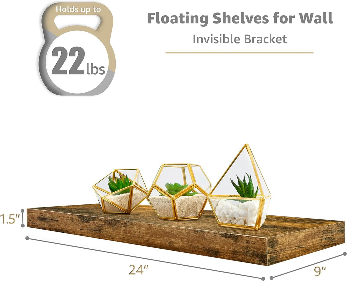 Sorbus Wall Mounted Floating Shelves for Wall Décor - Large 24 Inch, 3 Pack, Rustic Wood