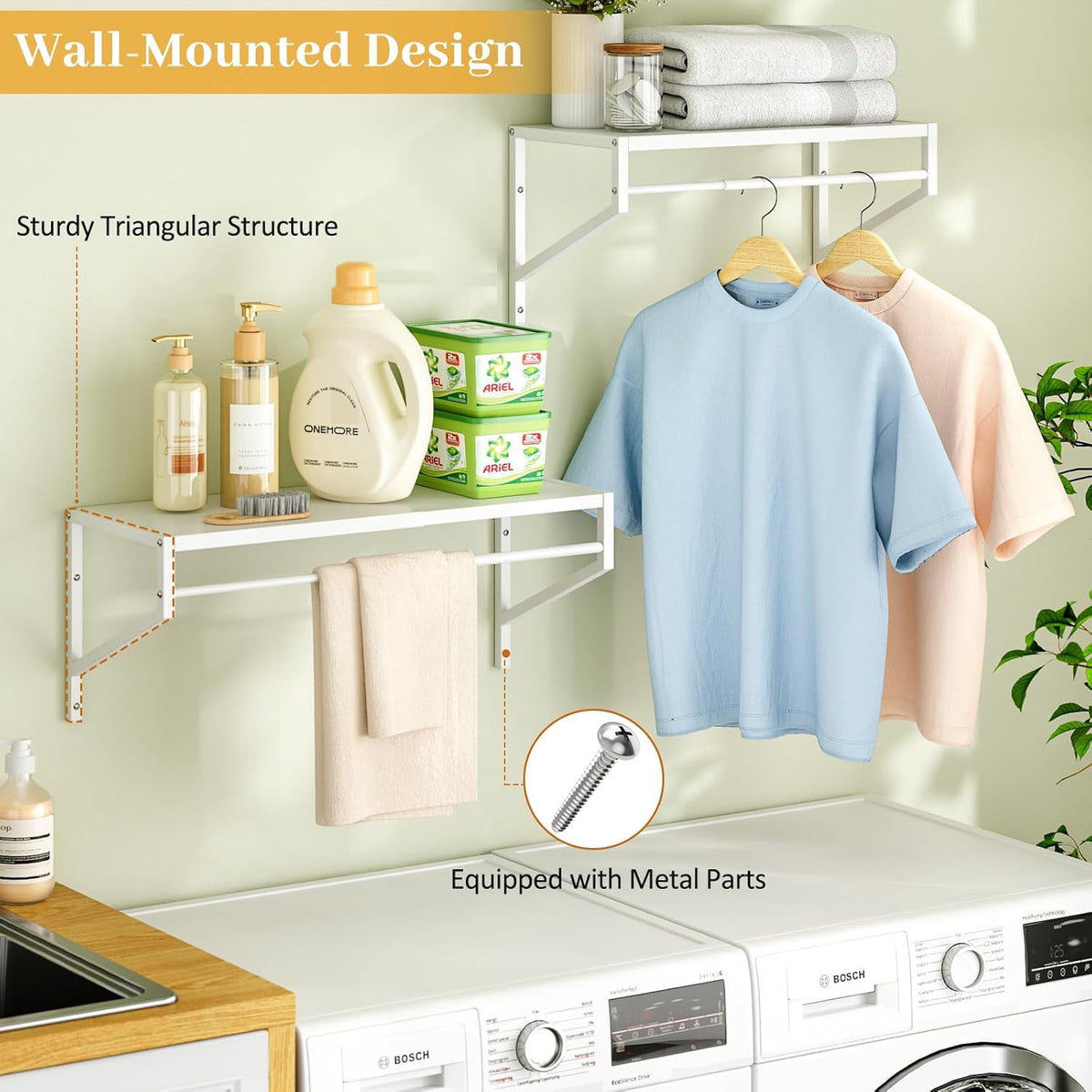 2 Pack Expandable Laundry Room Shelves with Hanging Rod, Over Washer and Dryer Shelves, Wall Mounted Metal Shelving, Utility Floating Wall Shelf for Laundry Closet Organizers and Storage