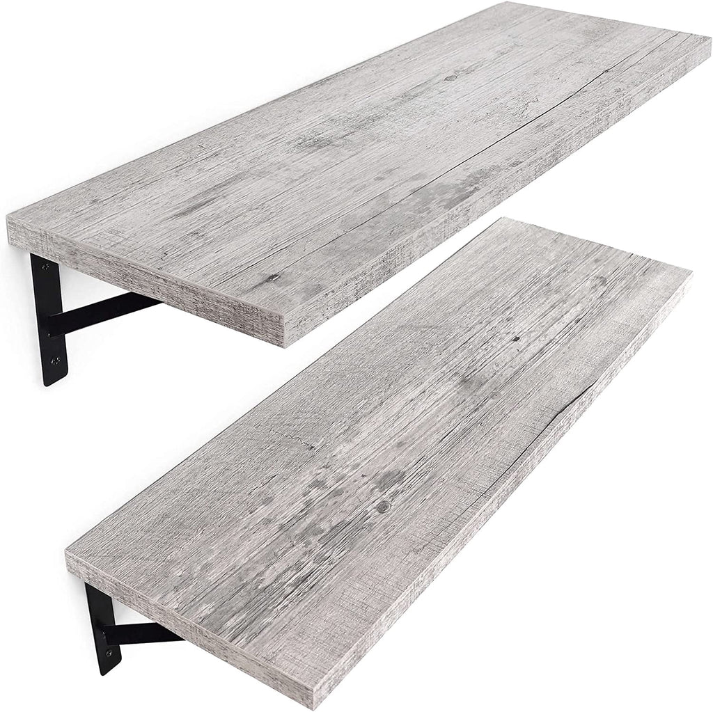 Under.Stated Floating Wall Shelves, 24” Wall Mounted Hanging Shelf Set for Living Room, Office, Kitchen, Bathroom &, Perfect Home Room Wall Decor, Designed with Rustic Pattern – (Whitewash)