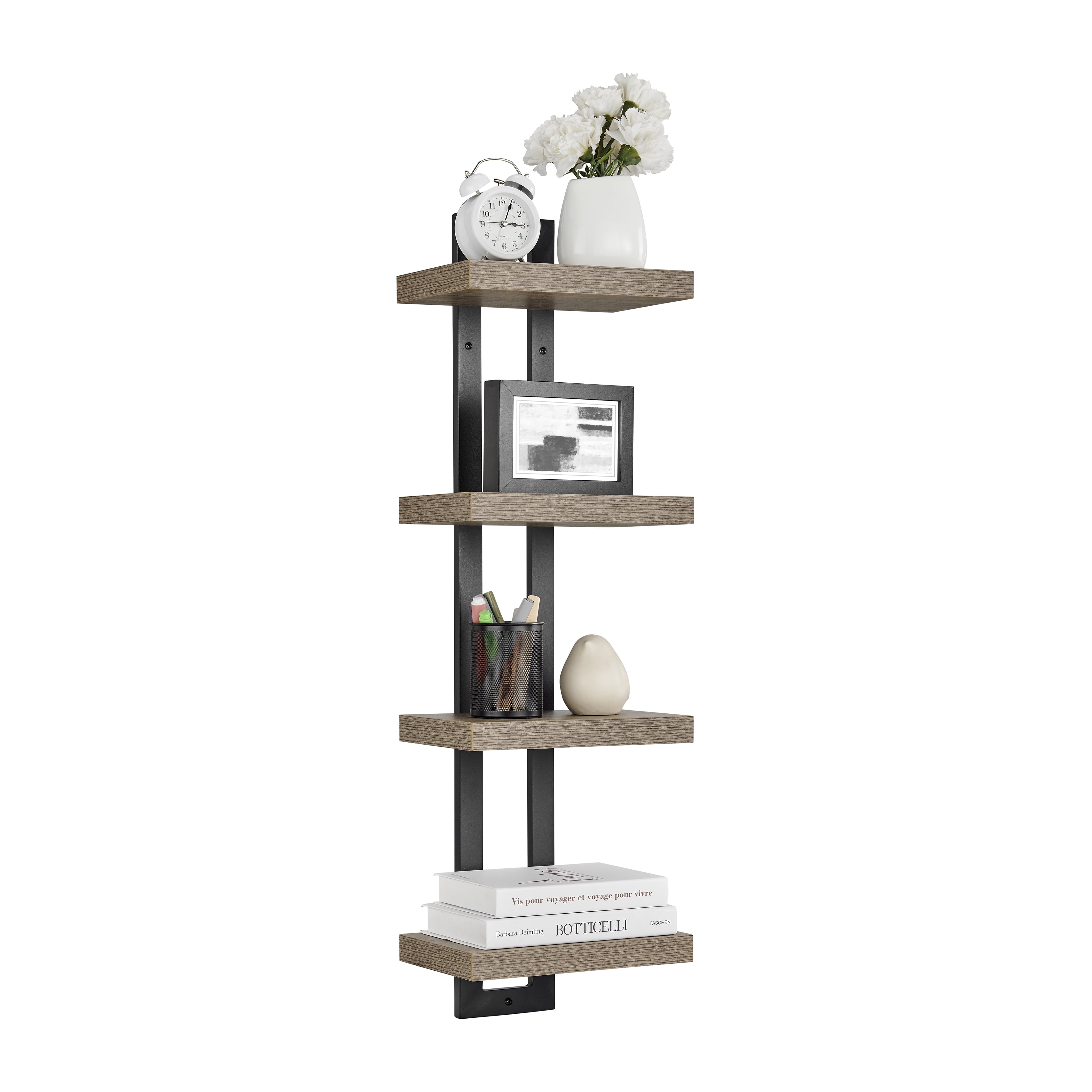 Danya B. 4-Tier Ladder Bracket Floating Wall Shelves - Black Metal and Walnut Finish