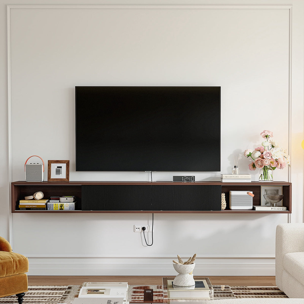 ​​FloatiCasa 78" Floating TV Stand Wall Mounted Floating TV Shelf for TVs up to 78" Entertainment Center with Sliding Doors & Cable Management