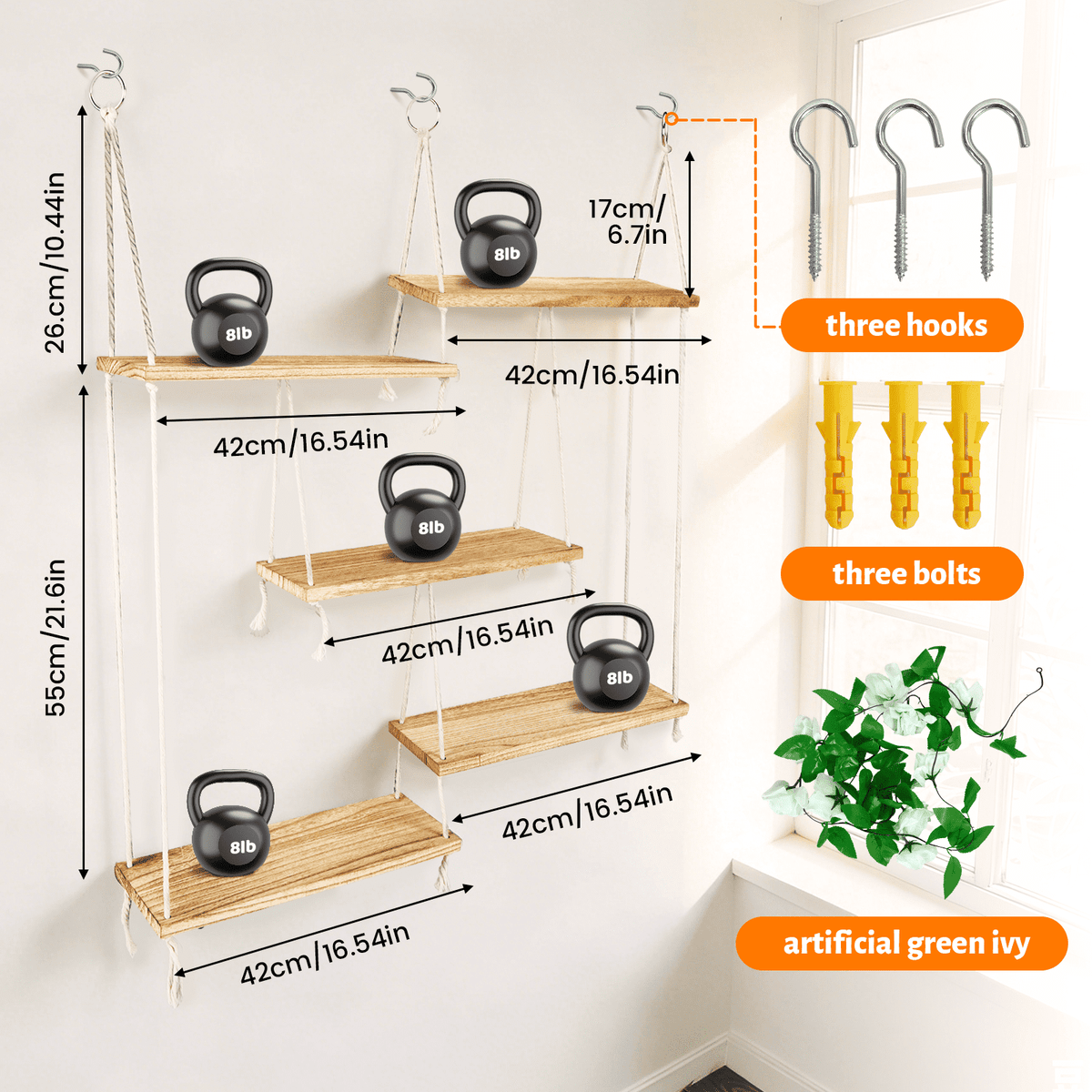AMTPM Hanging Shelves for Wall, 5 Tier Boho Wall Decor Hanging Plant Shelf Floating Shelves Rope Rustic Wood Organizer Storage Hanger Rack for Aesthetic Home Bedroom Kitchen Bathroom