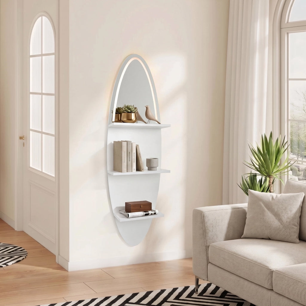 LEFINITO Surfboard Shaped LED Mirrored Floating Wall Storage Shelf, White Wall Shelf with Light for Home Decor