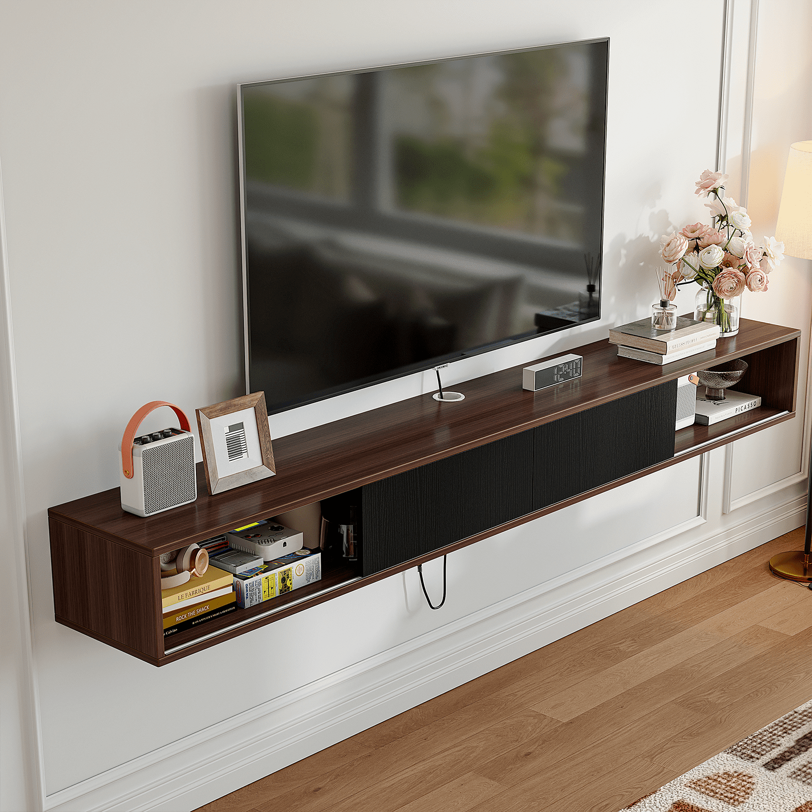 ​​FloatiCasa 78" Floating TV Stand Wall Mounted Floating TV Shelf for TVs up to 78" Entertainment Center with Sliding Doors & Cable Management