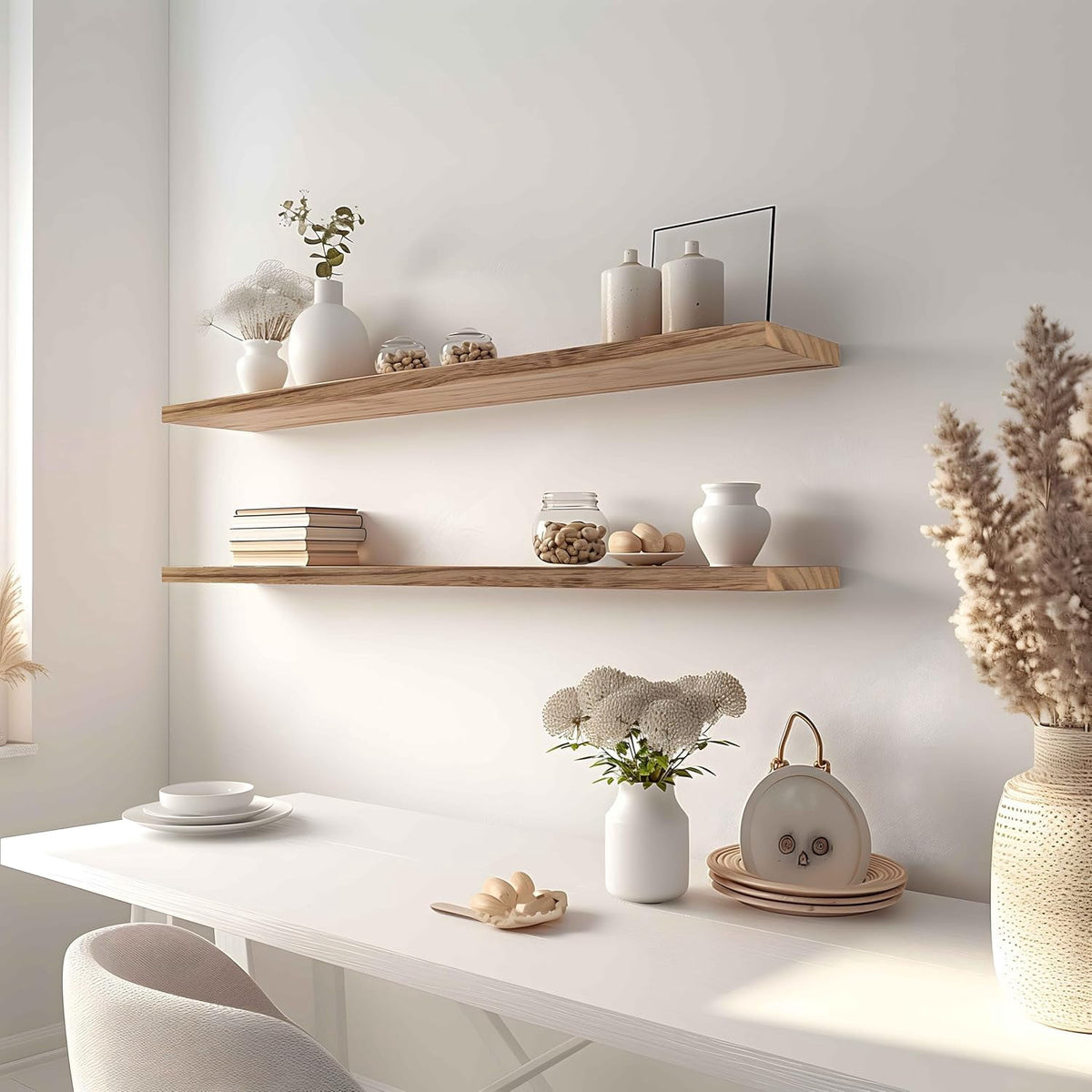 48 Inch Light Wood Floating Shelves for Wall Rustic Wall Shelf for Bedroom Living Room Set of 4