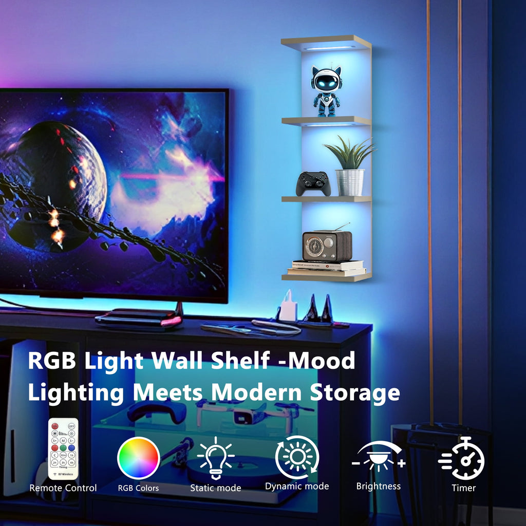 4-Tier Wall Shelf with 10 Rgb Lighting Modes, Multifunctional Wall Mounted Vertical Display Floating Shelf for Bedroom Living Room Vanity, White