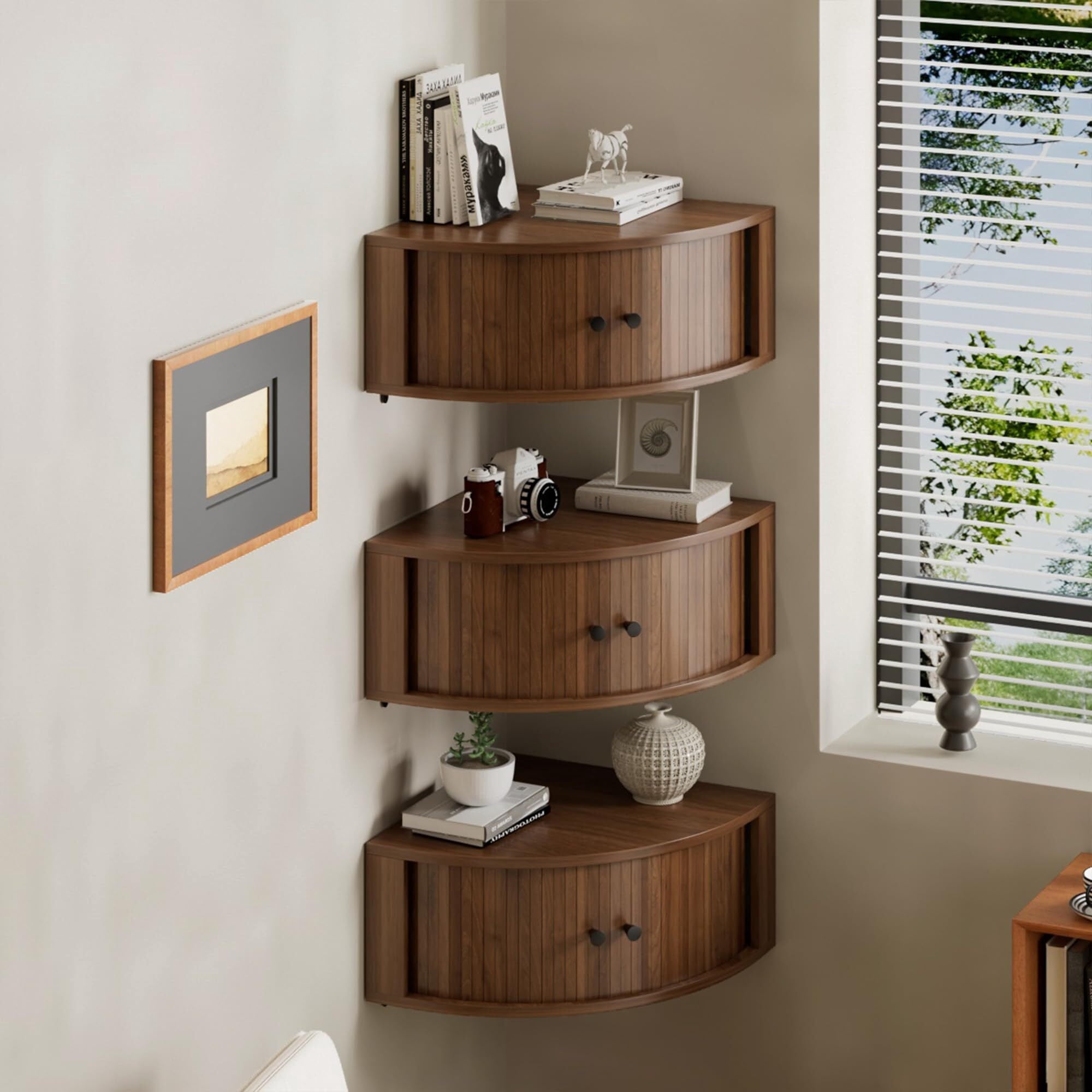 Fluted Corner Wall Cabinet Set of 3, Floating Corner Shelves with Sliding Doors, Wall Storage Organizer for Living Room
