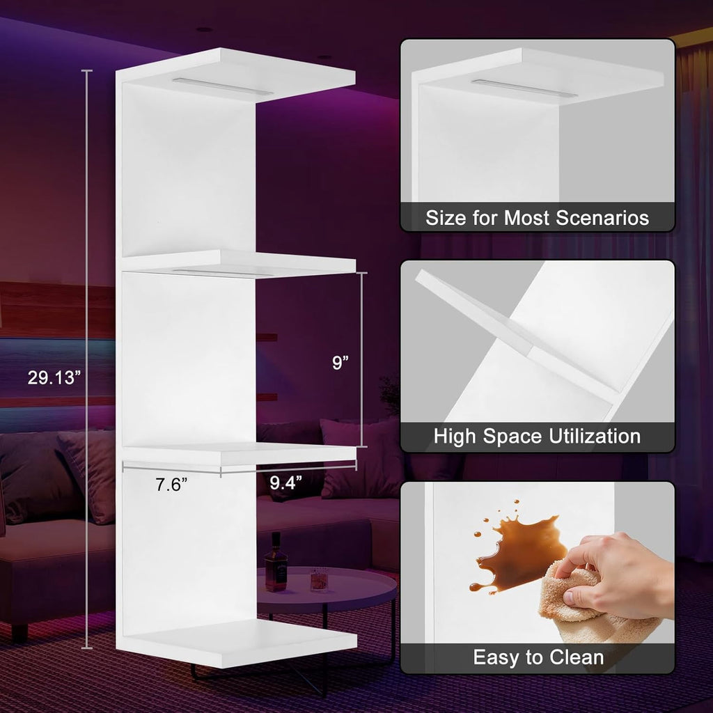 4-Tier Wall Shelf with 10 Rgb Lighting Modes, Multifunctional Wall Mounted Vertical Display Floating Shelf for Bedroom Living Room Vanity, White