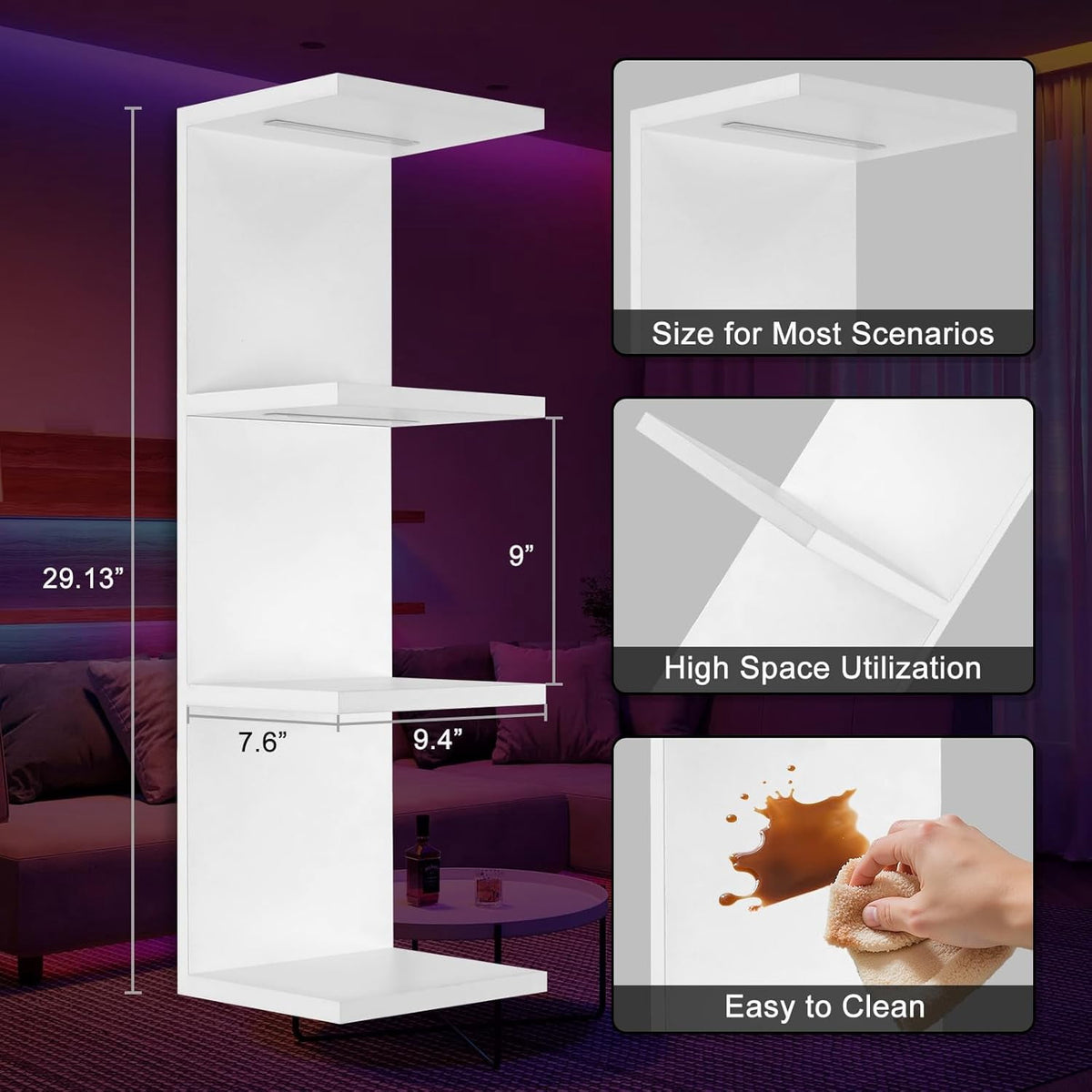 4-Tier Wall Shelf with 10 Rgb Lighting Modes, Multifunctional Wall Mounted Vertical Display Floating Shelf for Bedroom Living Room Vanity, White