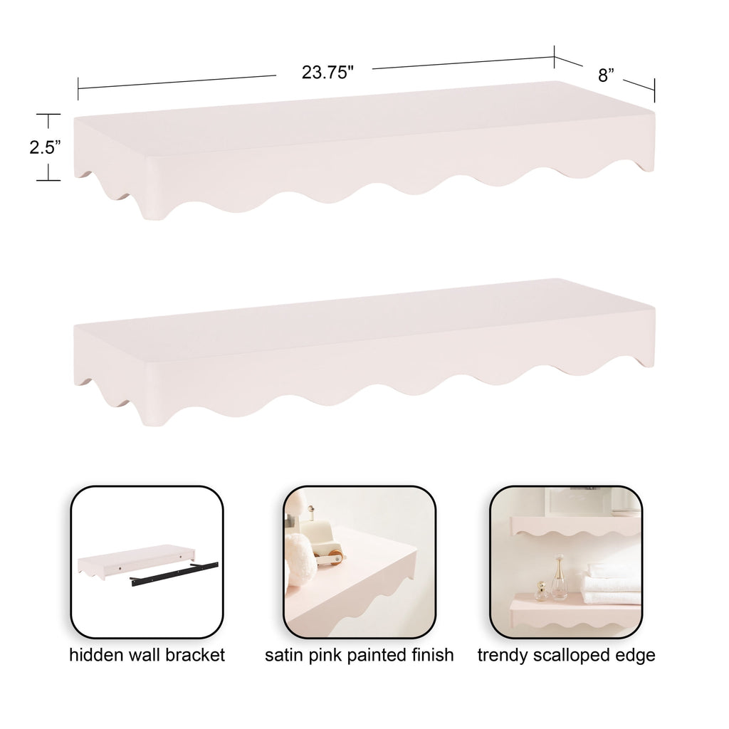 Kate and Laurel Maida Modern Decorative Wavy Wall Floating Shelves, Set of 2, 24 x 8, Pink, Functional Scalloped Kitchen and Bathroom Shelves for Above Toilet or Cute Dorm Room Bookshelves