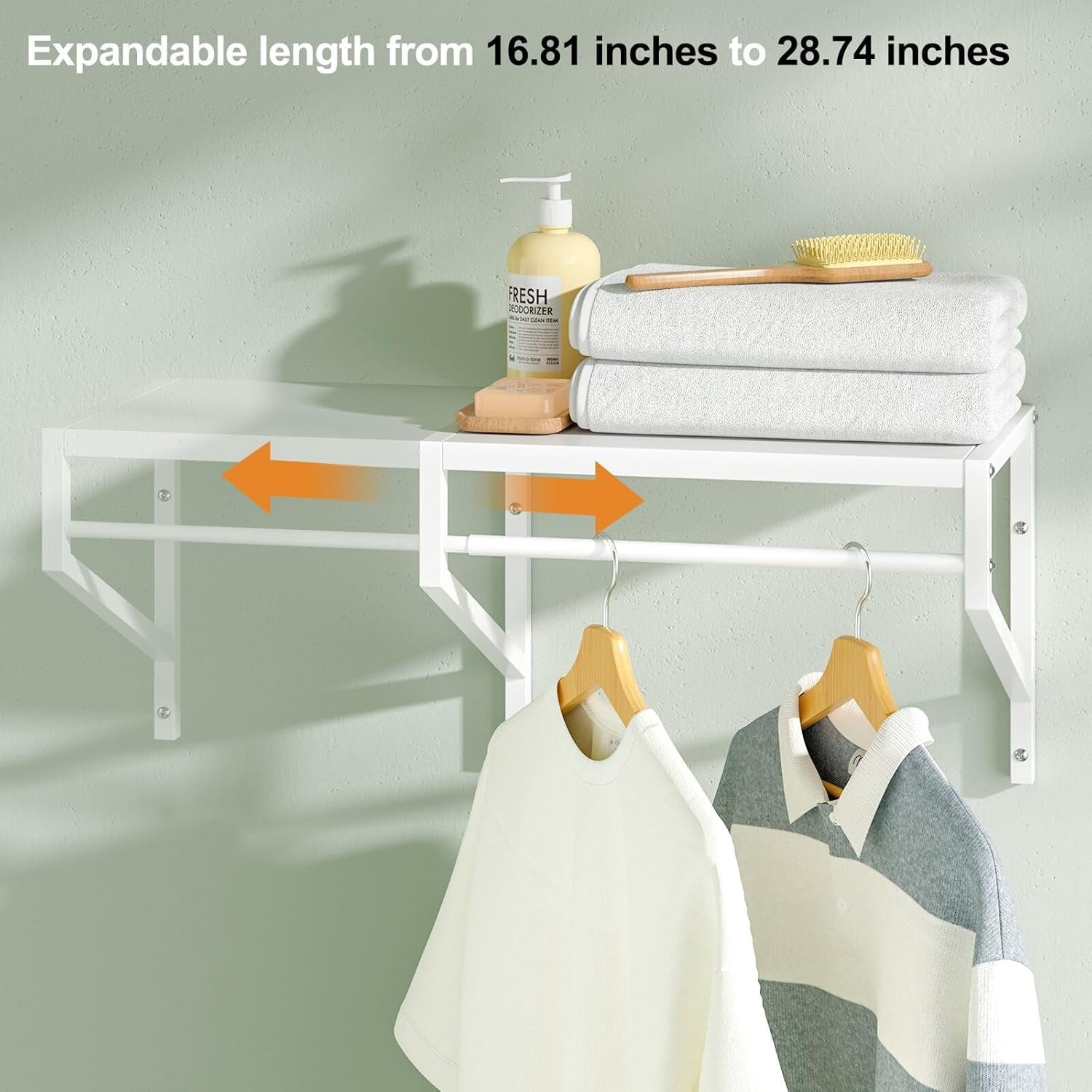 2 Pack Expandable Laundry Room Shelves with Hanging Rod, Over Washer and Dryer Shelves, Wall Mounted Metal Shelving, Utility Floating Wall Shelf for Laundry Closet Organizers and Storage