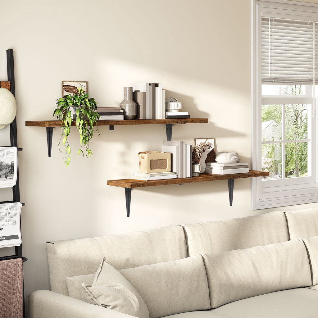 HOOBRO Set of 2 39.4-Inch Floating Wall Shelves with Metal Brackets, Rustic Brown