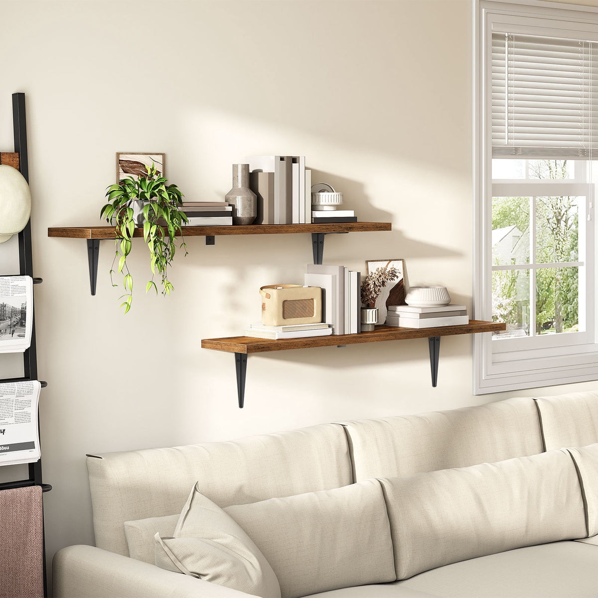 HOOBRO Set of 2 39.4-Inch Floating Wall Shelves with Metal Brackets, Rustic Brown