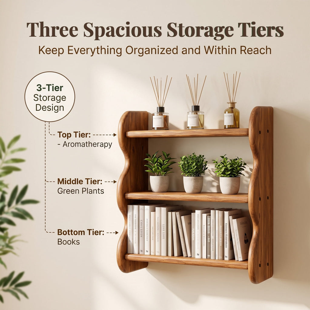 iFaveorr Solid Wood Floating Shelves for Wall 3-Tier, Rustic Wall Shelves Wall Mounted Storage Rack, Farmhouse Decor Floating Shelves Display for Apartment, Living Room and Bedroom