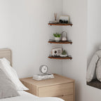 Floating Corner Shelf Wall Mount, Set of 3 Rustic Wood Corner Wall Shelves with Fence for Bedroom, Living Room, Bathroom, Kitchen, Brown