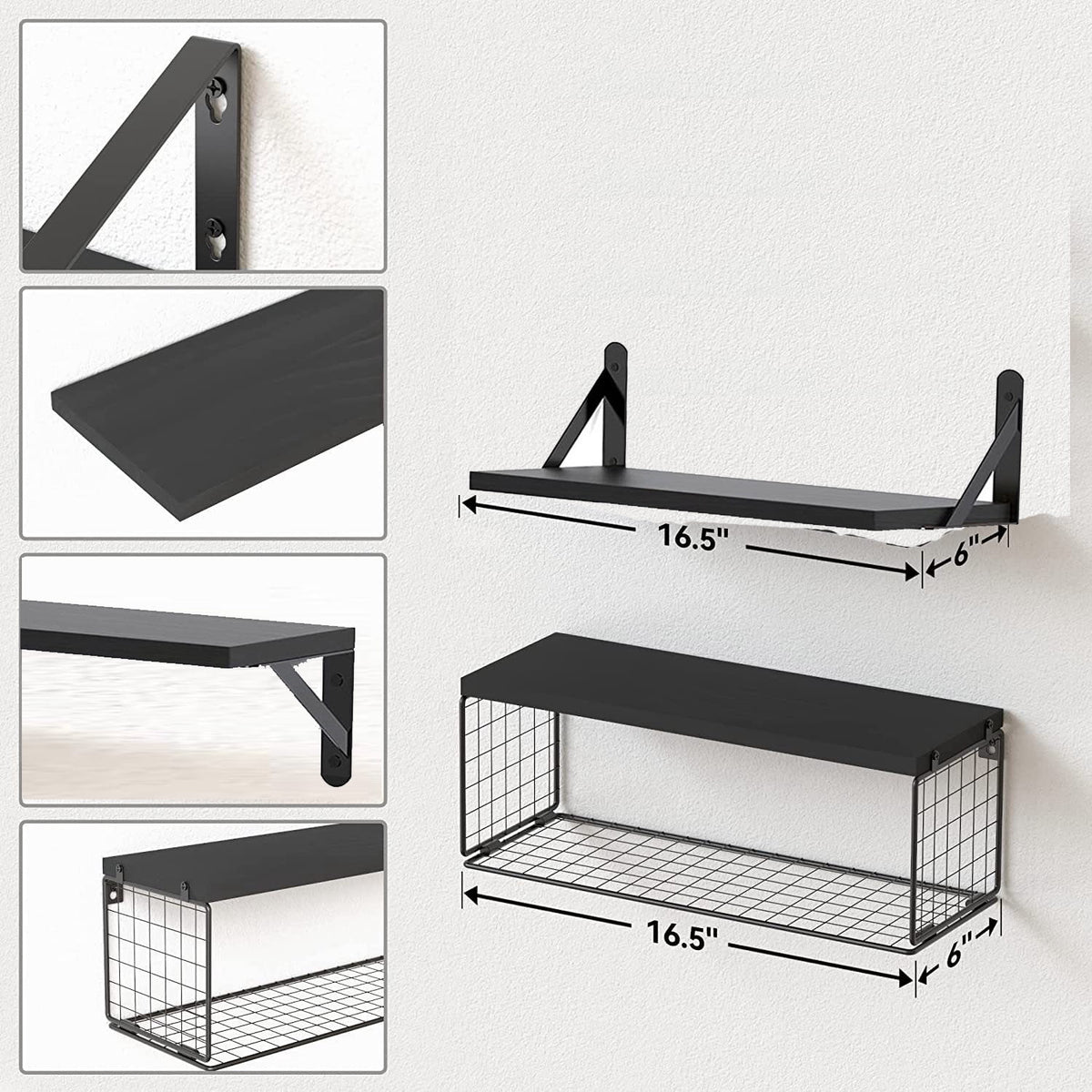 Set of 2+1 Wall-Mounted Floating Shelves W/Triangle Bracket & Frame, 16 Inch Black Rustic Wood Storage Shelf for Living Room Kitchen Bedroom Bathroom