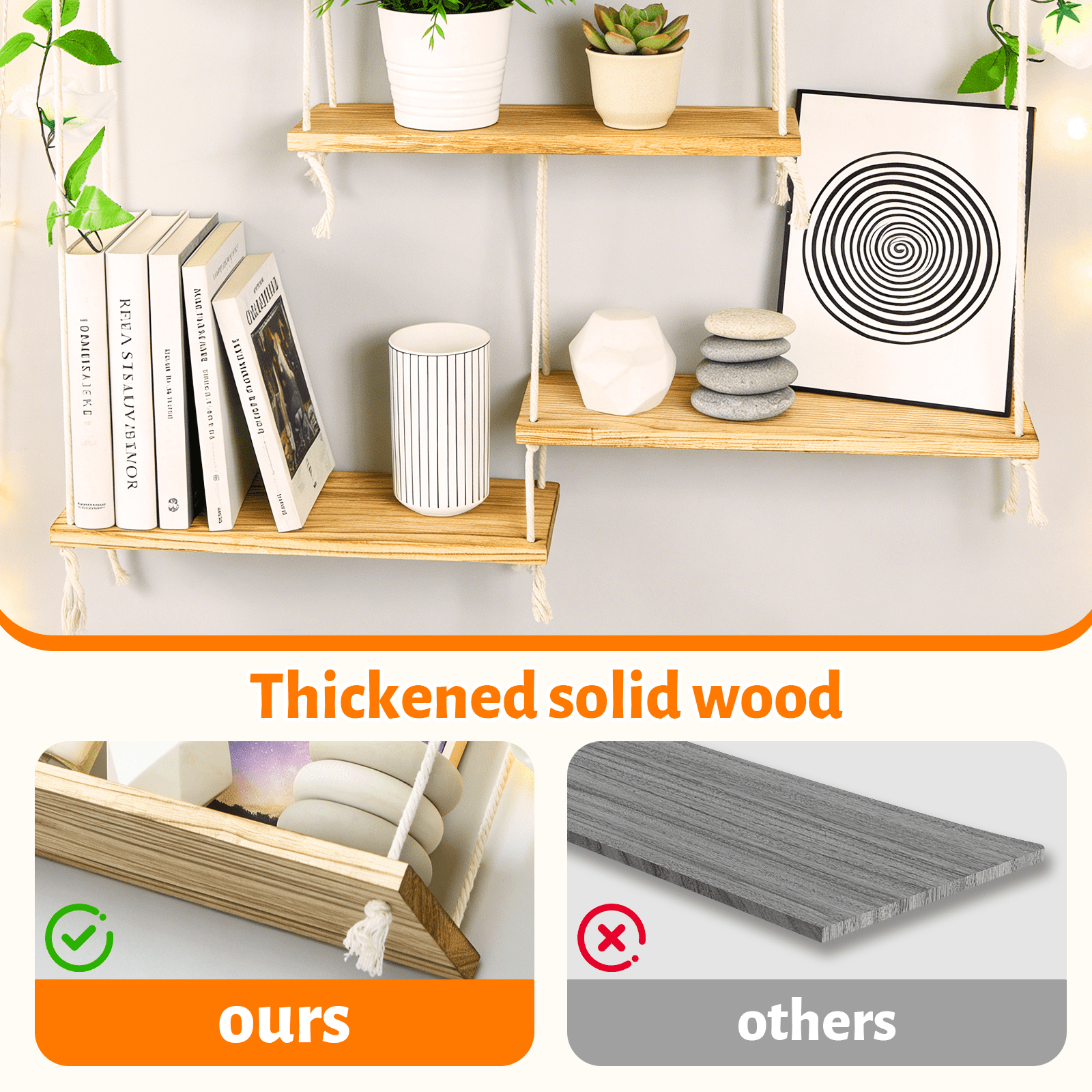 AMTPM Hanging Shelves for Wall, 5 Tier Boho Wall Decor Hanging Plant Shelf Floating Shelves Rope Rustic Wood Organizer Storage Hanger Rack for Aesthetic Home Bedroom Kitchen Bathroom