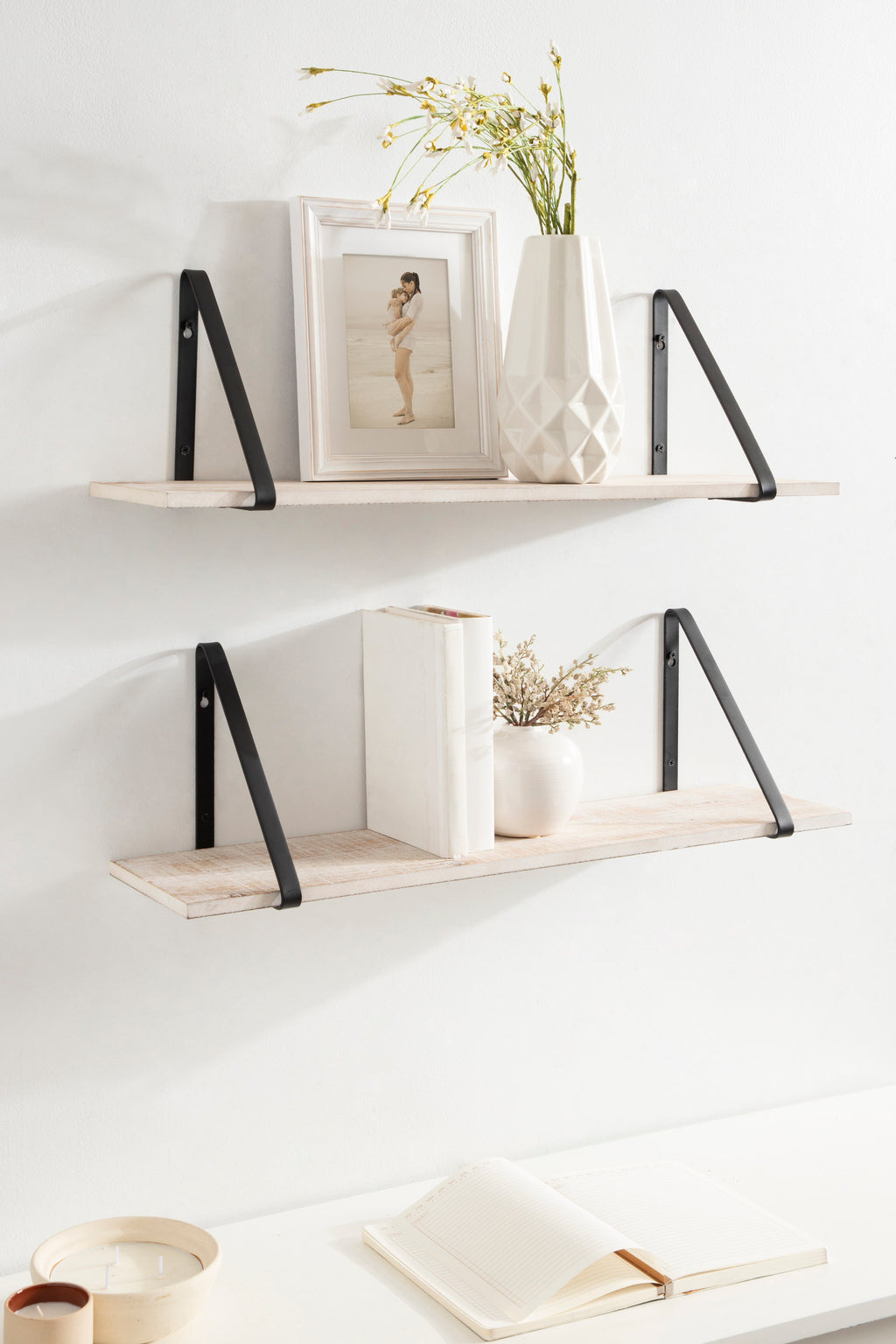 Kate and Laurel Soloman Wooden Floating Wall Shelves, Set of 2, White and Black, Decorative and Functional Floating Shelf for Storage and Display on Wall