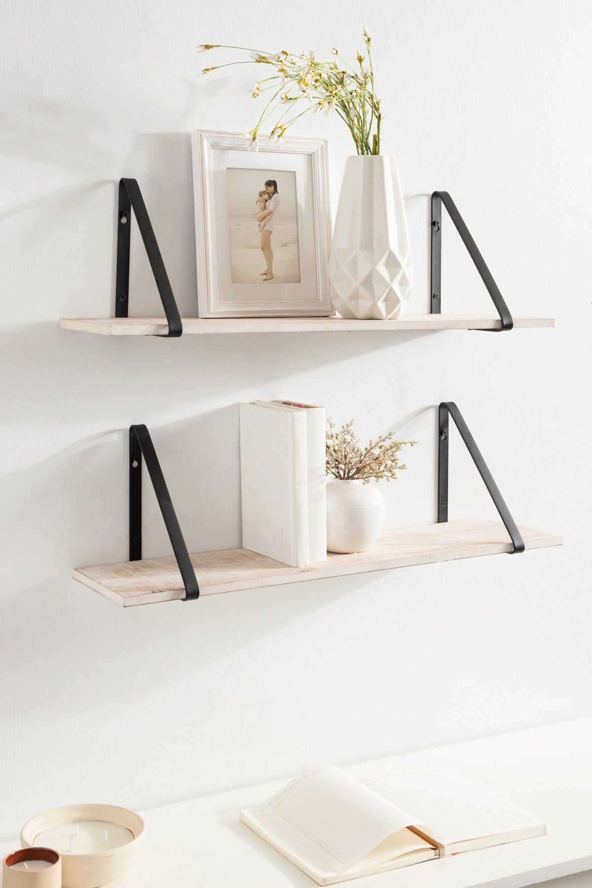 Kate and Laurel Soloman Wooden Floating Wall Shelves, Set of 2, White and Black, Decorative and Functional Floating Shelf for Storage and Display on Wall