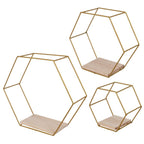 3Pcs Hexagon Floating Shelves with LED Light Strip, Modern Wall Mounted Metal Storage Shelves with Wooden Base, Wall Decor for Home Living Room Bedroom Bathroom