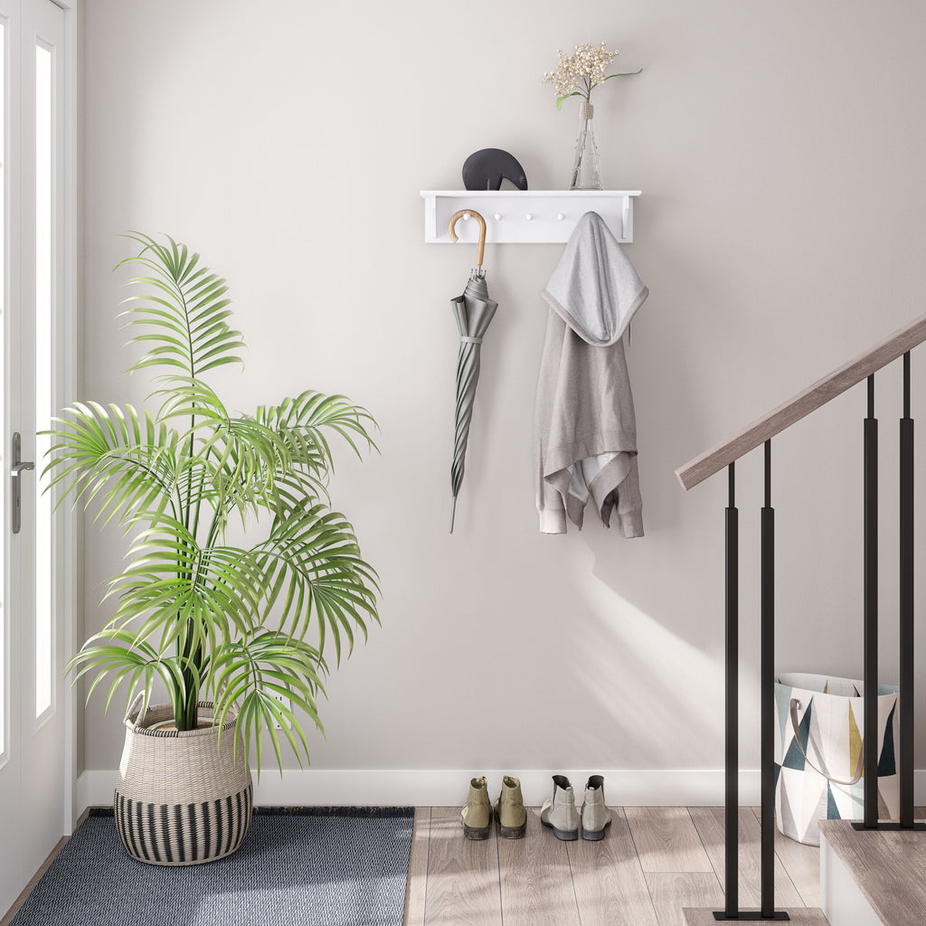 Ballucci Wall Coat Rack Shelf, Entryway Floating Shelf Rack, 5 Pegs, 24", White