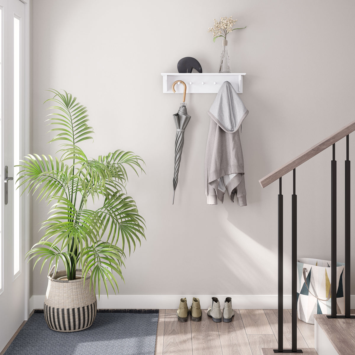 Ballucci Wall Coat Rack Shelf, Entryway Floating Shelf Rack, 5 Pegs, 24", White