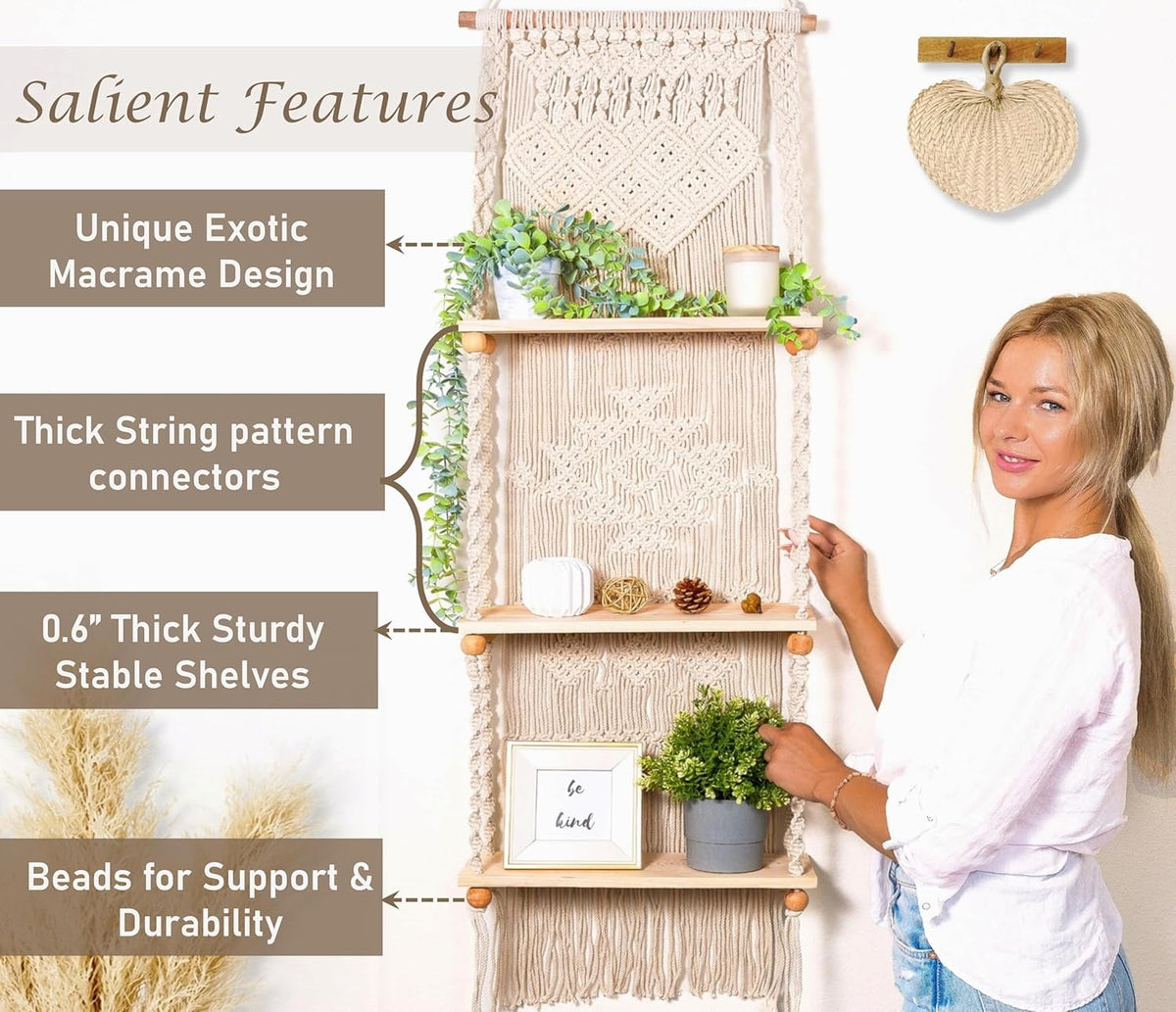 Macrame Wall Hanging Shelf 3 Tier Boho Wall Plant Hanger Shelves, Handmade of Woven Rope Boho Shelves Organizer for Living Room Bathroom Home Storage Floating Plant Rack Bohemian décor