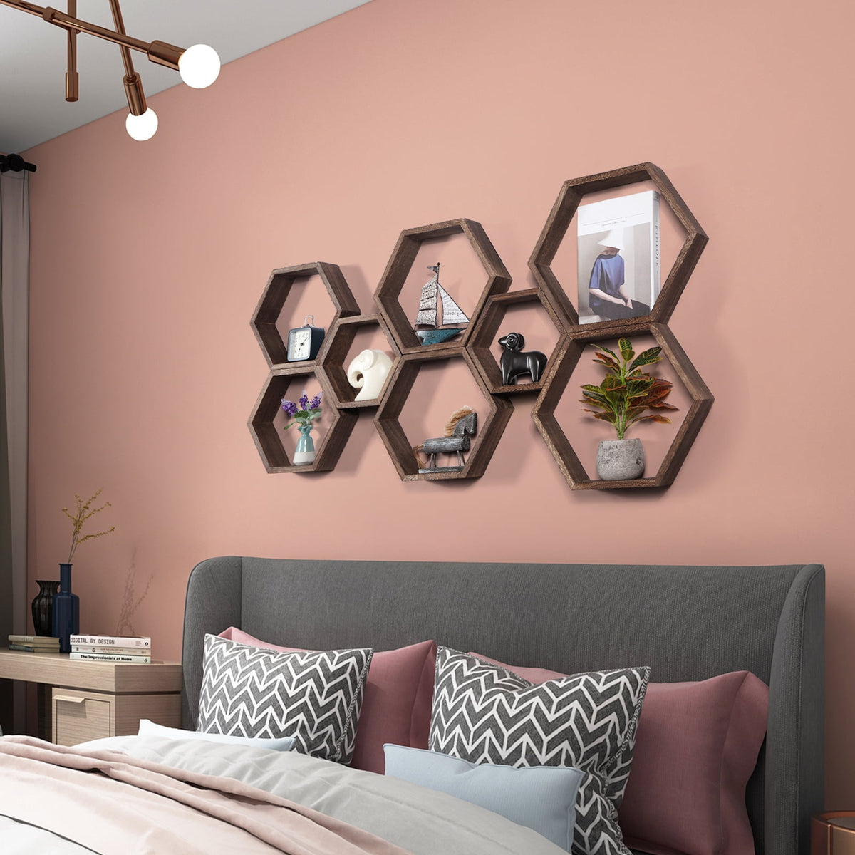 Hexagon Floating Shelves Set of 8 Honeycomb Shelves for Wall, Brown