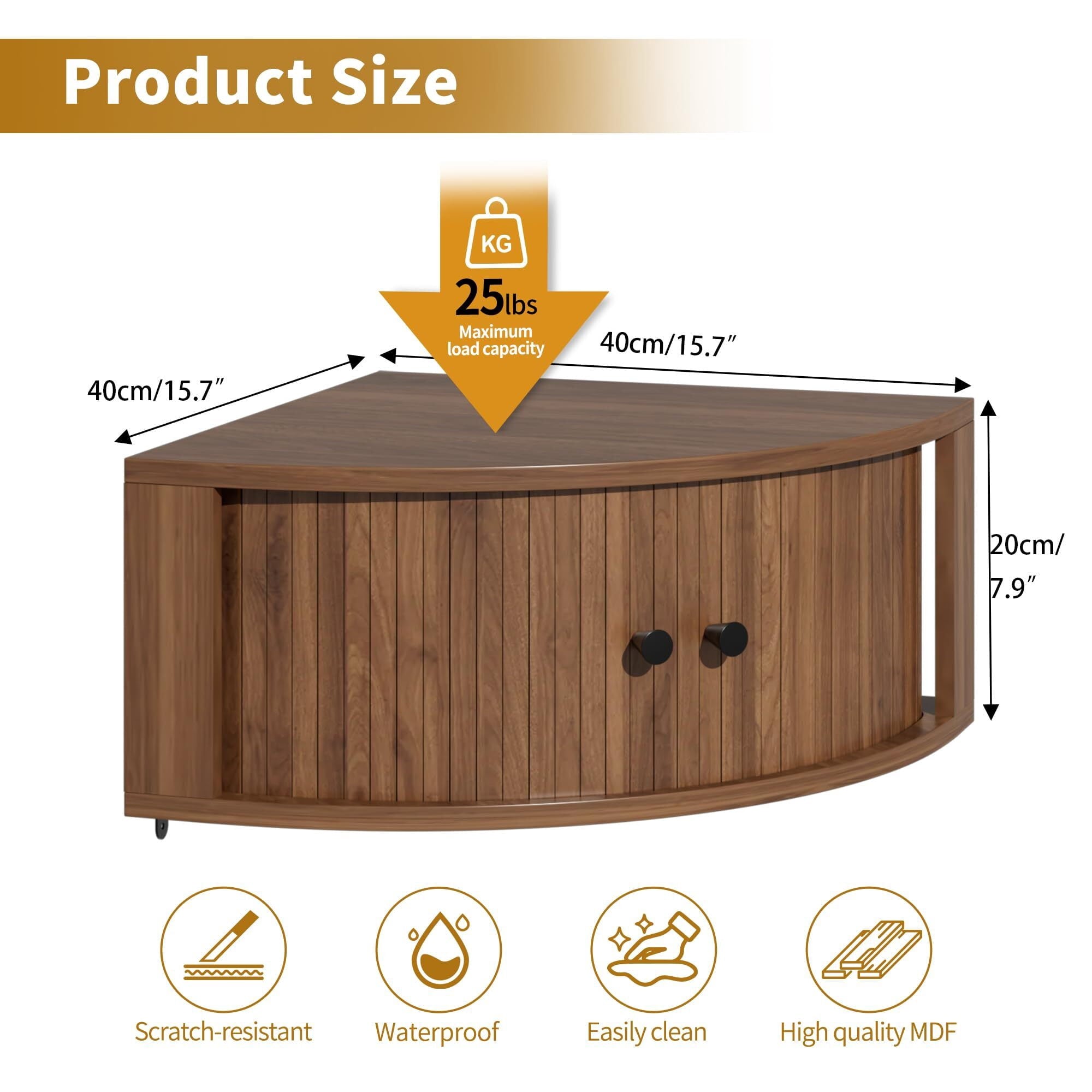 Fluted Corner Wall Cabinet Set of 3, Floating Corner Shelves with Sliding Doors, Wall Storage Organizer for Living Room