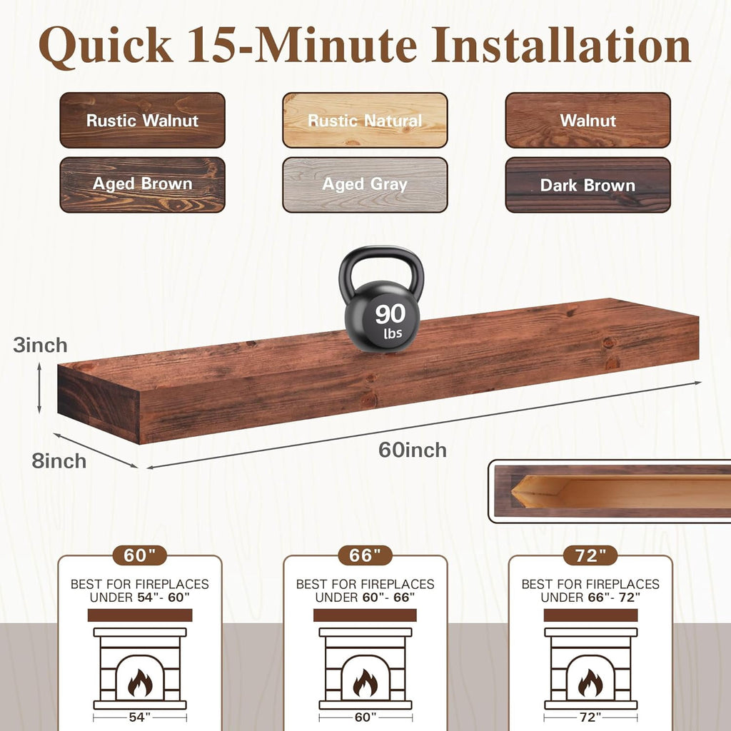 Kincubow Fireplace Mantel Shelf, Solid Pine Wood Wall Mounted Floating Mantel Shelf, 60 Inch, Rustic Farmhouse Style