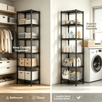 melmine Slim Vertical Storage Shelf,6-Tier Narrow Storage Rack for Bathroom Small Spaces,Adjustable Metal Shelving Unit,15.8"W x 11.8"D x 63"H,Black