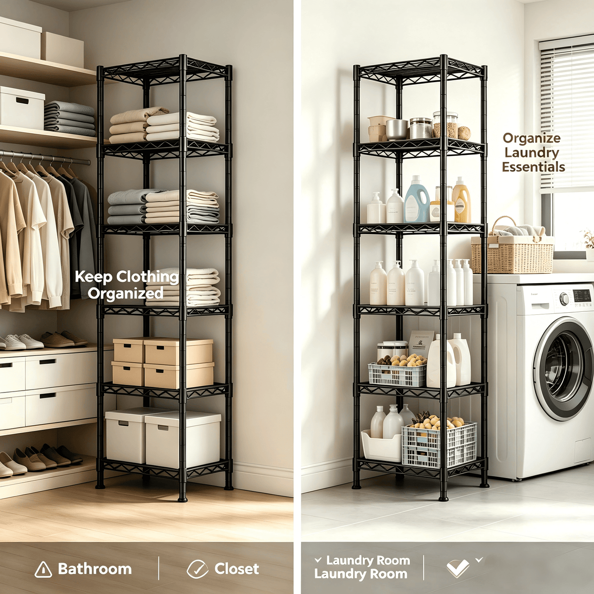 melmine Slim Vertical Storage Shelf,6-Tier Narrow Storage Rack for Bathroom Small Spaces,Adjustable Metal Shelving Unit,15.8"W x 11.8"D x 63"H,Black