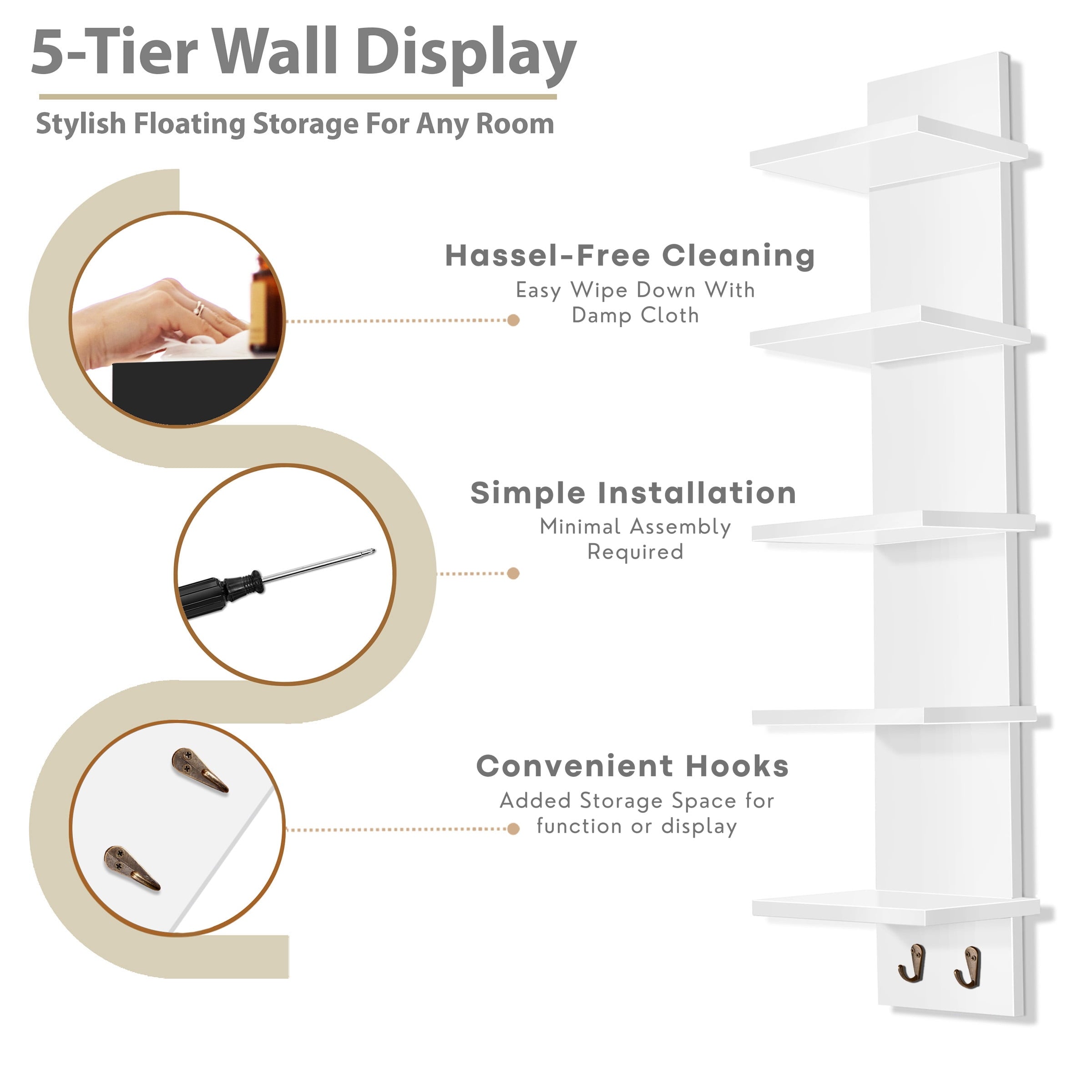 Sorbus 5 Tier Wall Shelf Unit with Hooks, Vertical Column Utility Shelving for Home Decor and Storage Organizer, Wall-Mounted Floating Shelves for Bathroom Storage, Bedroom (2 Pack)