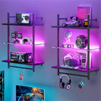 Bestier 23" Floating Shelves for Wall with LED Light 3-Tier Wall-Mounted Wood Shelves with 8 S-Hooks, Black Carbon Fiber