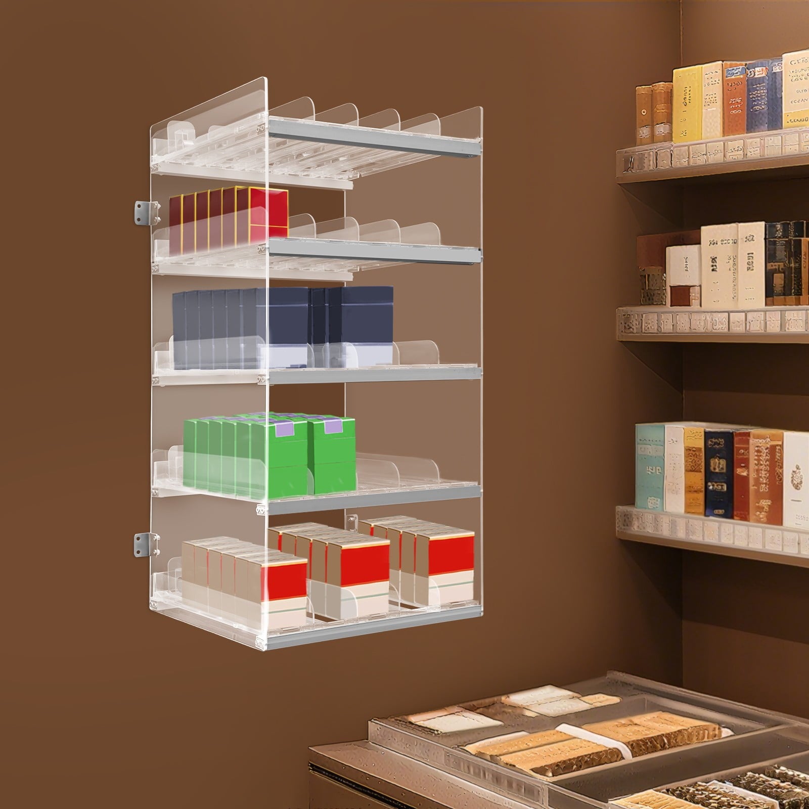 ToppiJoy 5 Layer Cigarette Display Holder, Retail Store Tobacco Display Stand Rack, Transparent Floating Shelf