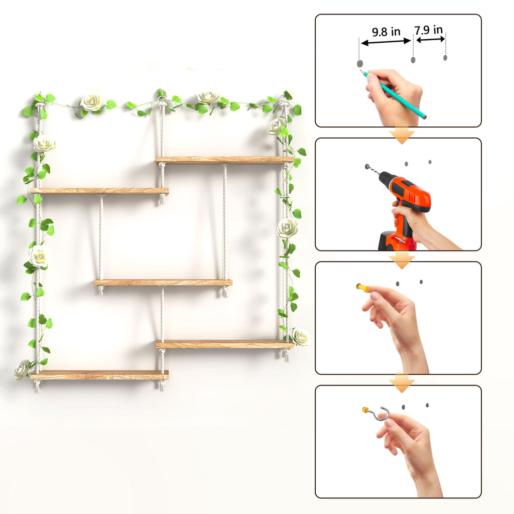FKS LIFE Hanging Shelves for Wall, Macrame Hanging Plant Shelf with Vine Lights 5 Tier Rope Floating Shelf Storage Rack Boho Wall Decor