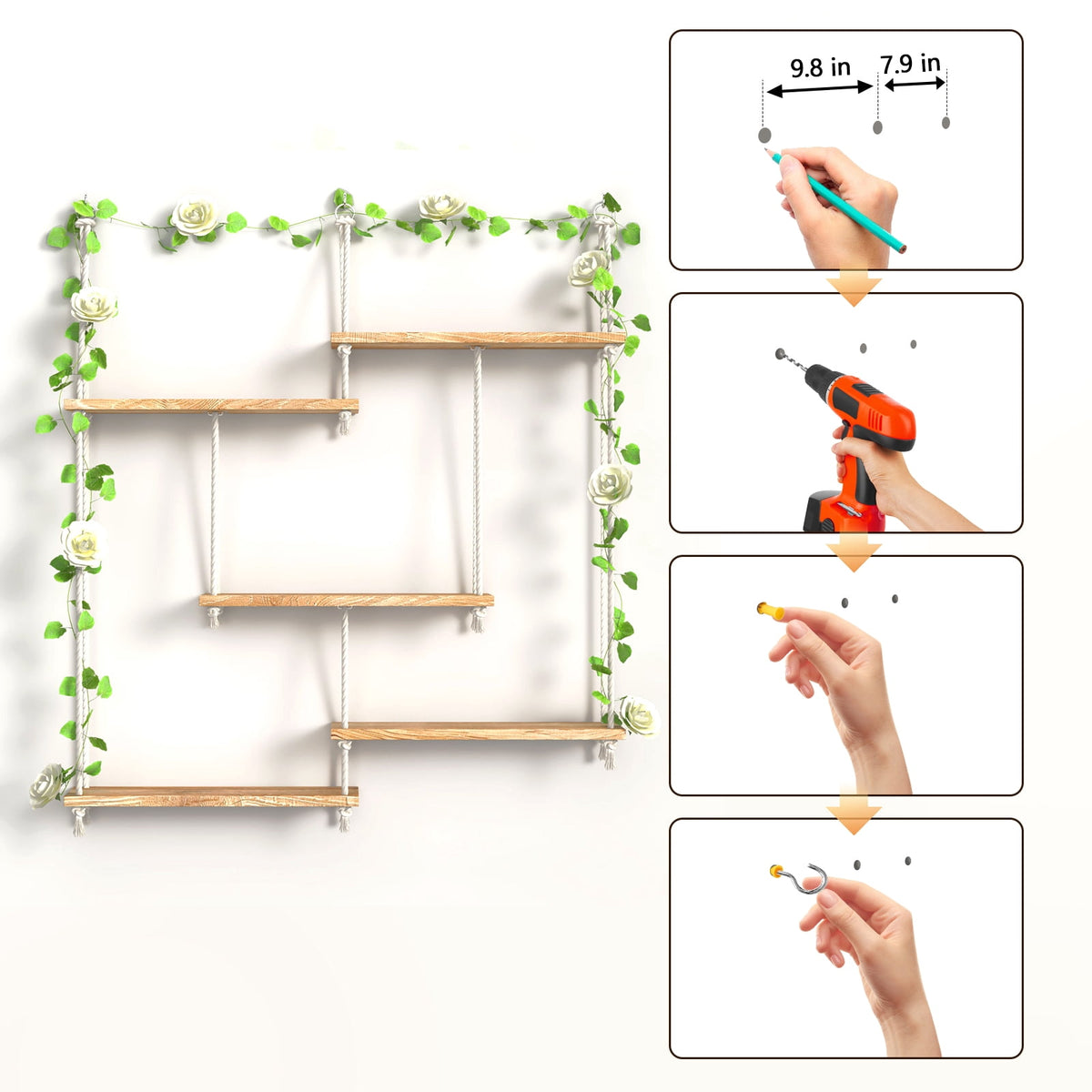 FKS LIFE Hanging Shelves for Wall, Macrame Hanging Plant Shelf with Vine Lights 5 Tier Rope Floating Shelf Storage Rack Boho Wall Decor